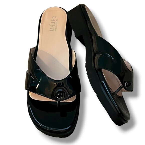 Taryn Rose TRISTA Sandals Black Patent Leather Chunky Heel Slip On Thong Size 11 - Picture 1 of 11